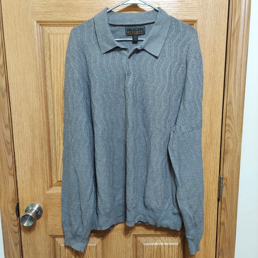 Jos A Bank Sweater Mens 2XL Gray Silk Blend Lightweight Collared Polo Pullover